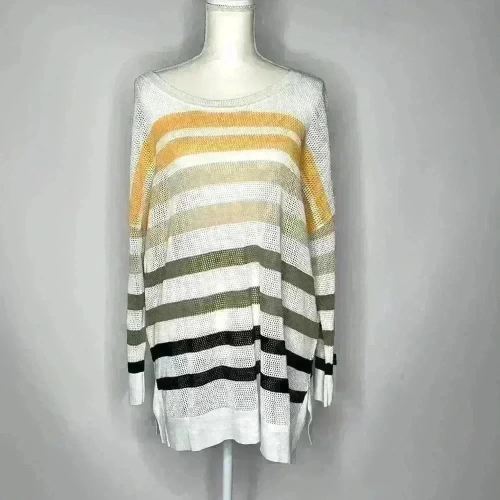 Tribal 100% Cotton Knit Sweater White, Orange and Black Striped Size XXL